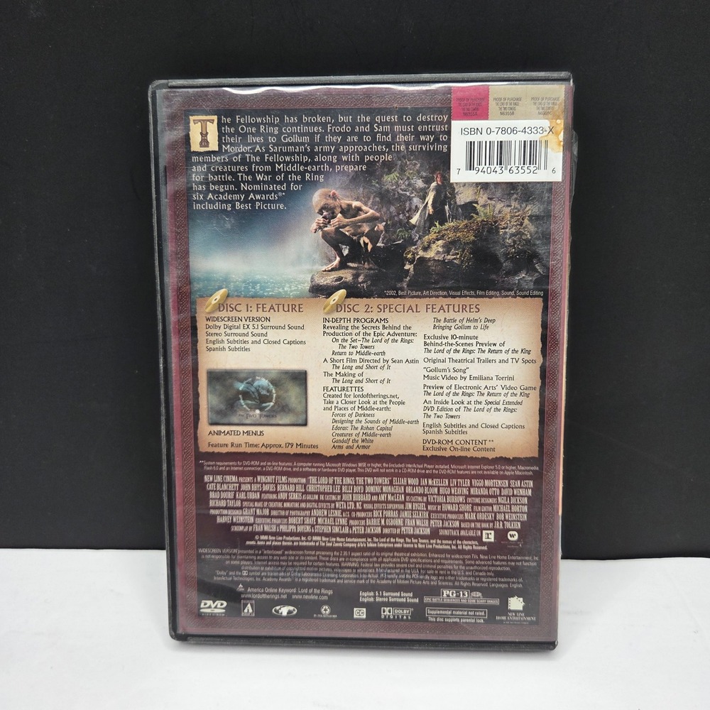 The Lord of the Rings The Two Towers DVD Widescreen 2-Disc Set 2003 Fantasy Epic - Picture 2 of 6